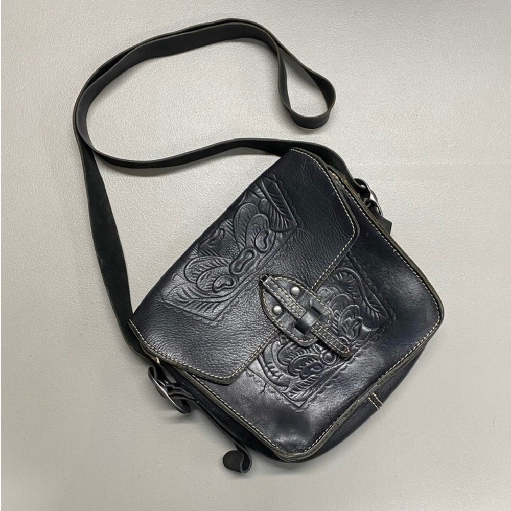 Patricia Nash Purse Handbag Floral Embossed Crossbody Black Leather Bag